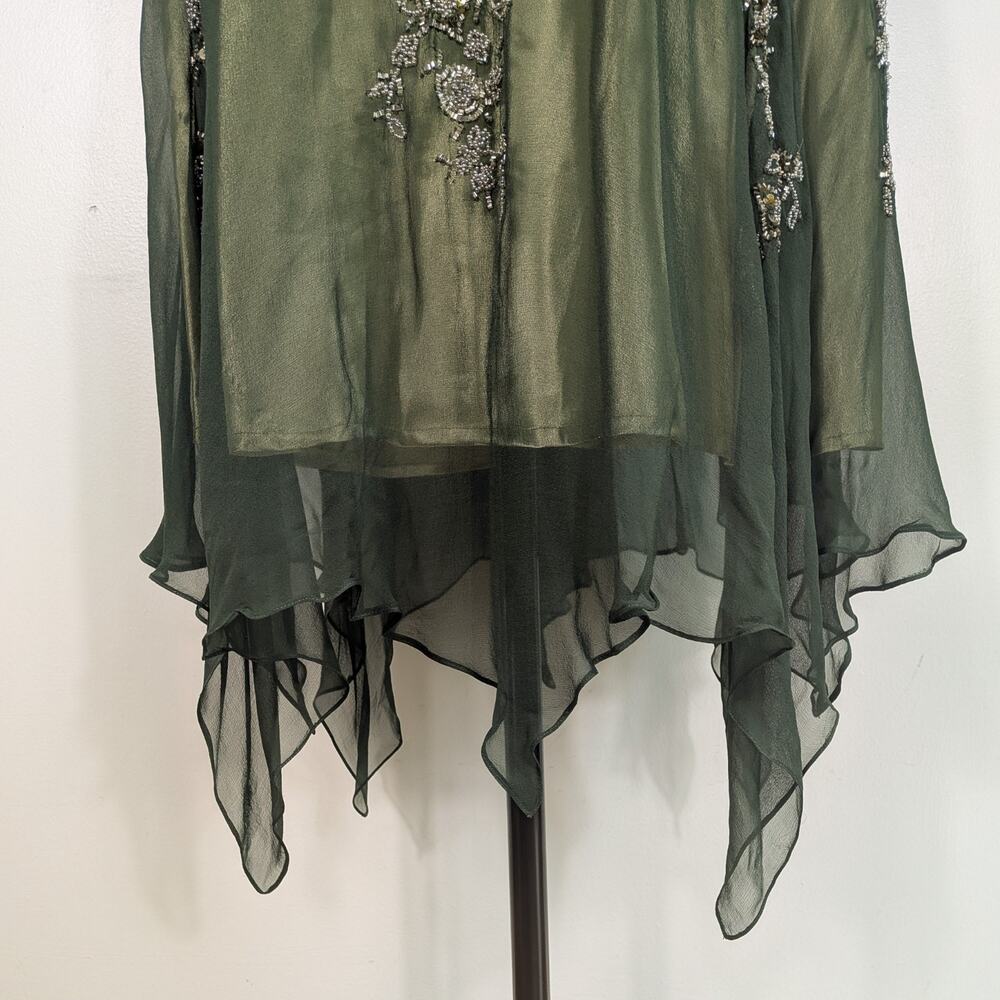 Vintage Scala Midi Dress Cocktail Gown XL Green Silk Bead Gatsby Fairy Grunge - Picture 10 of 16